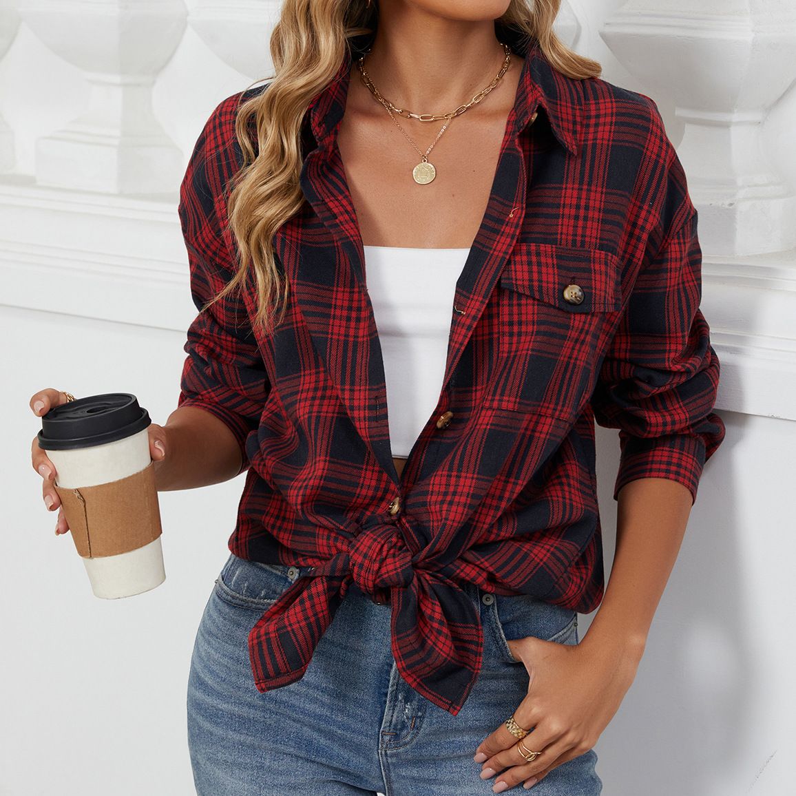 Wholesale Autumn Casual Retro Versatile Lapel Comfortable and Loose Plaid Long Sleeve Pocket Women's Shirts