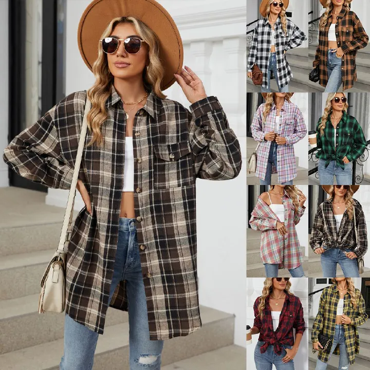 Wholesale Autumn Casual Retro Versatile Lapel Comfortable and Loose Plaid Long Sleeve Pocket Women's Shirts