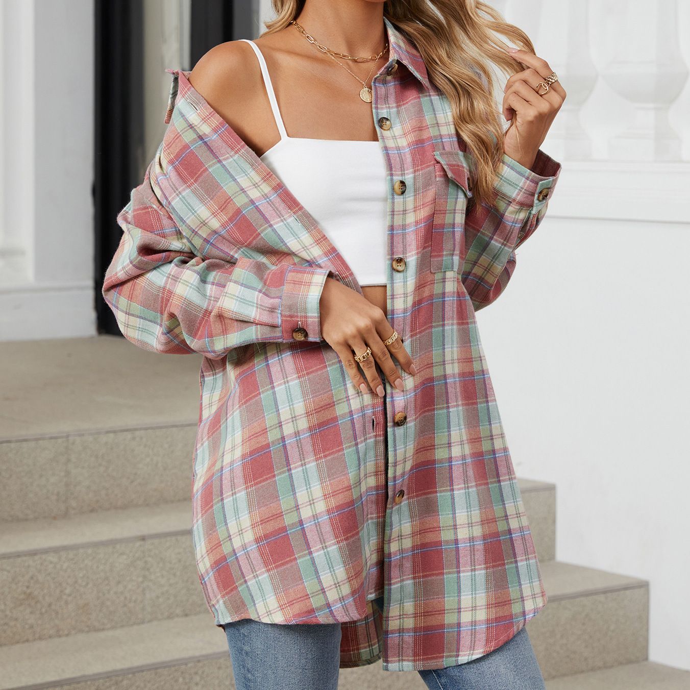 Wholesale Autumn Casual Retro Versatile Lapel Comfortable and Loose Plaid Long Sleeve Pocket Women's Shirts