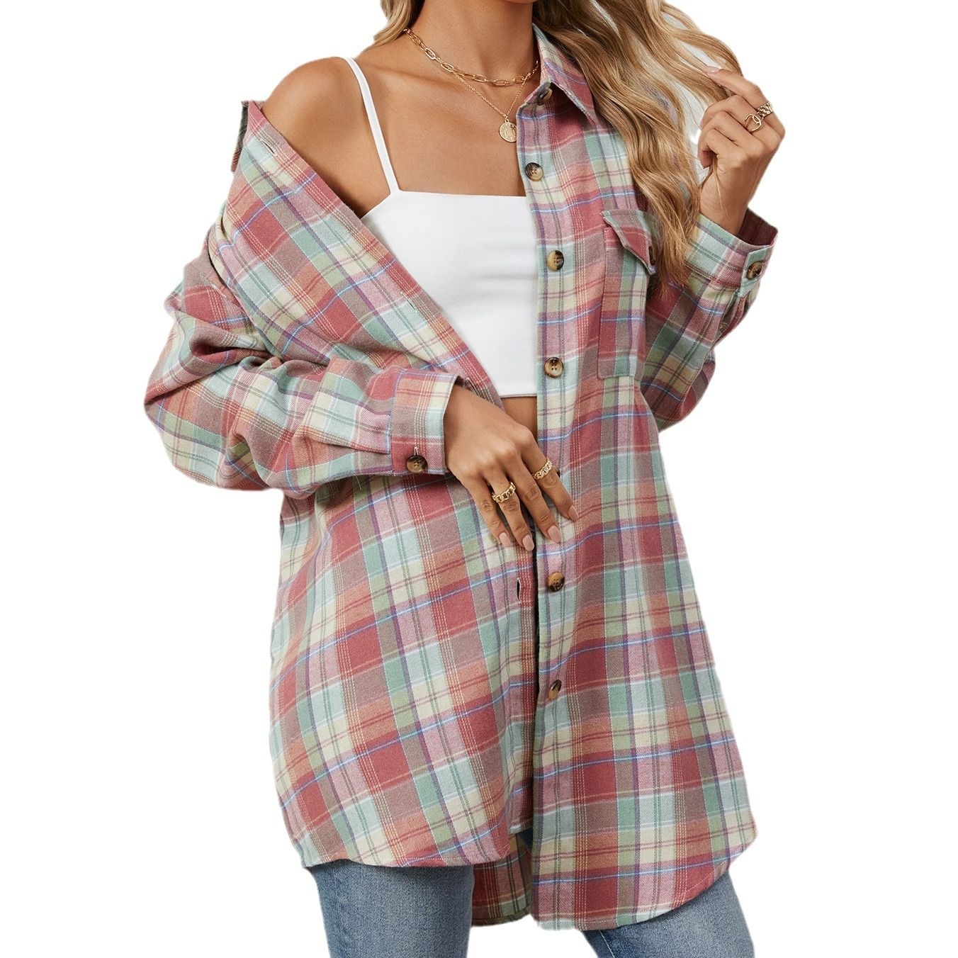 Wholesale Autumn Casual Retro Versatile Lapel Comfortable and Loose Plaid Long Sleeve Pocket Women's Shirts