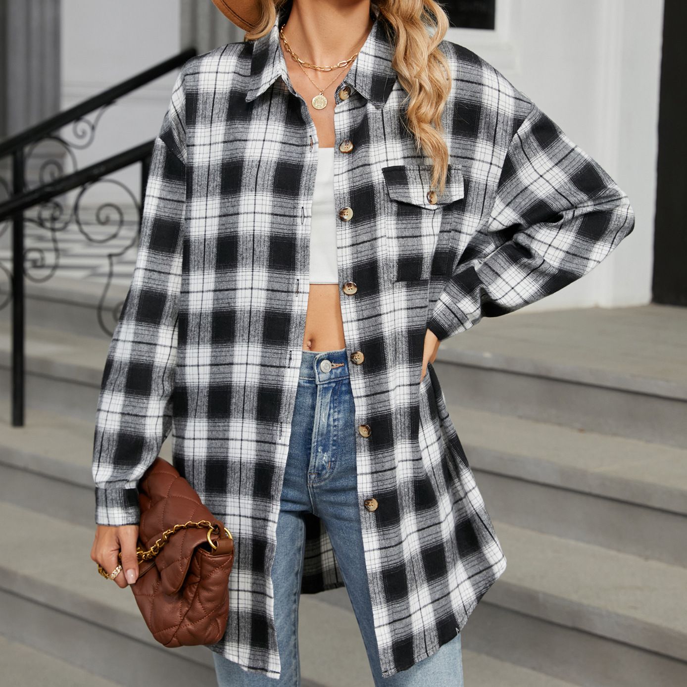 Wholesale Autumn Casual Retro Versatile Lapel Comfortable and Loose Plaid Long Sleeve Pocket Women's Shirts