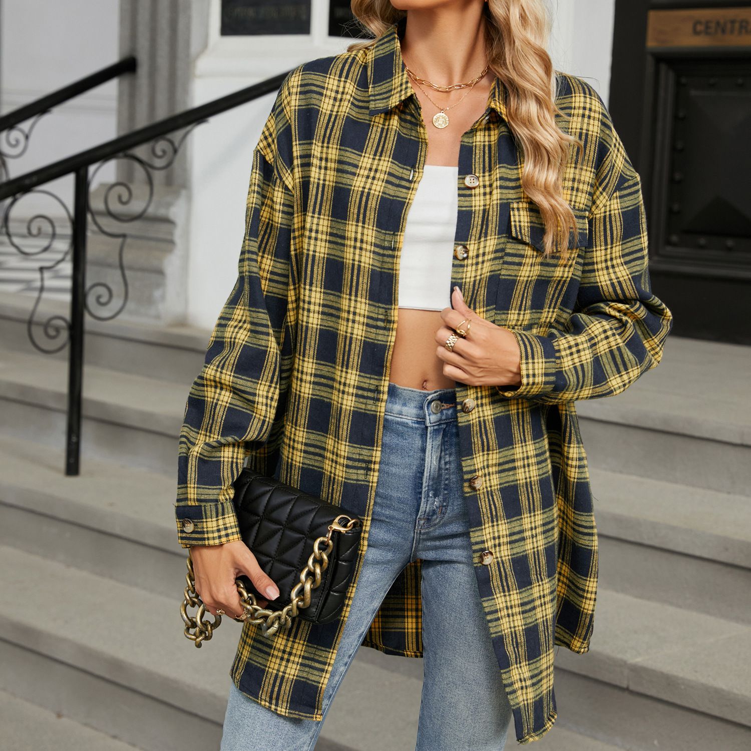 Wholesale Autumn Casual Retro Versatile Lapel Comfortable and Loose Plaid Long Sleeve Pocket Women's Shirts