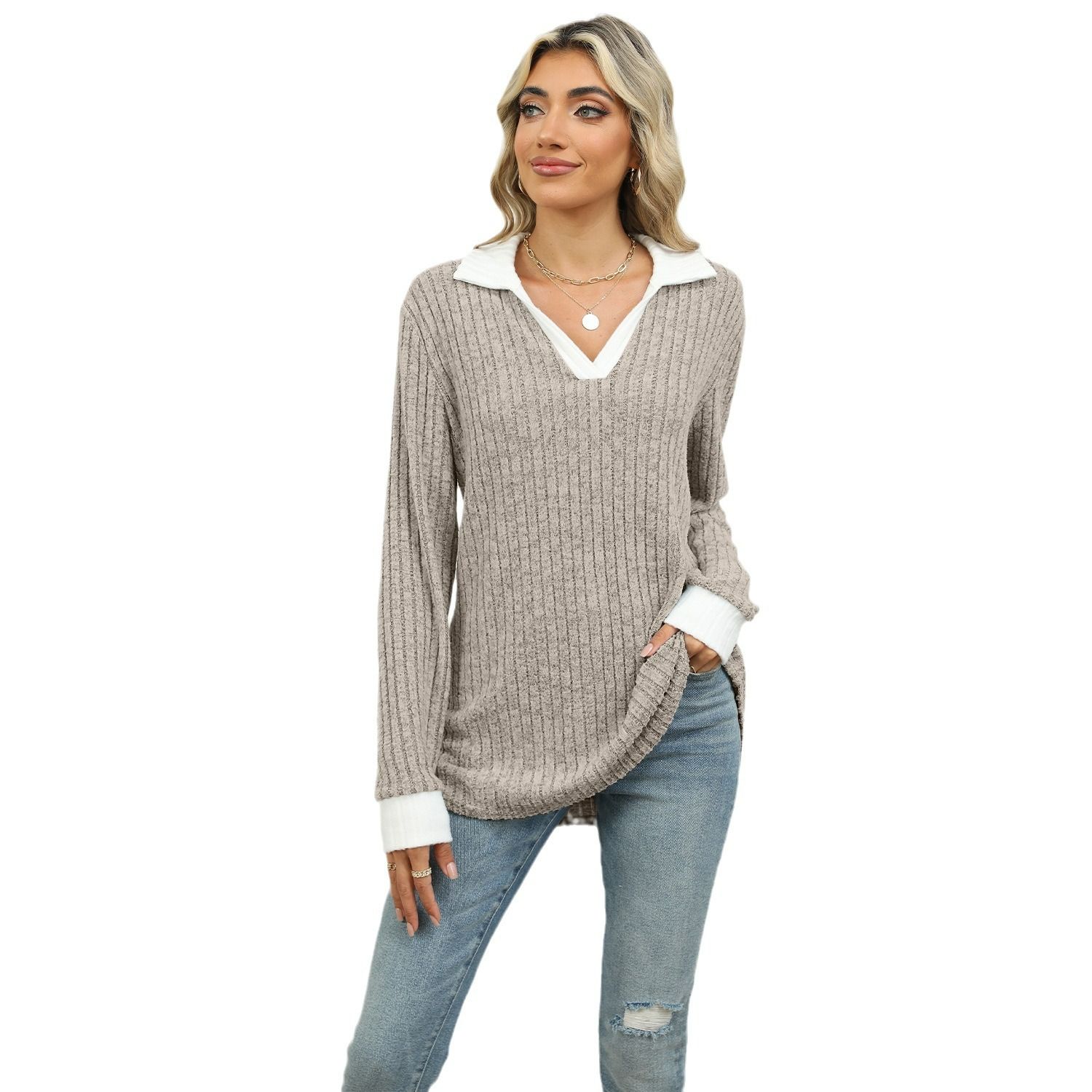 Autumn Winter Fashion Knitted Basic V Neck Long Sleeve Sweater Pullover Slim Fit Female Jumpers Top for Women