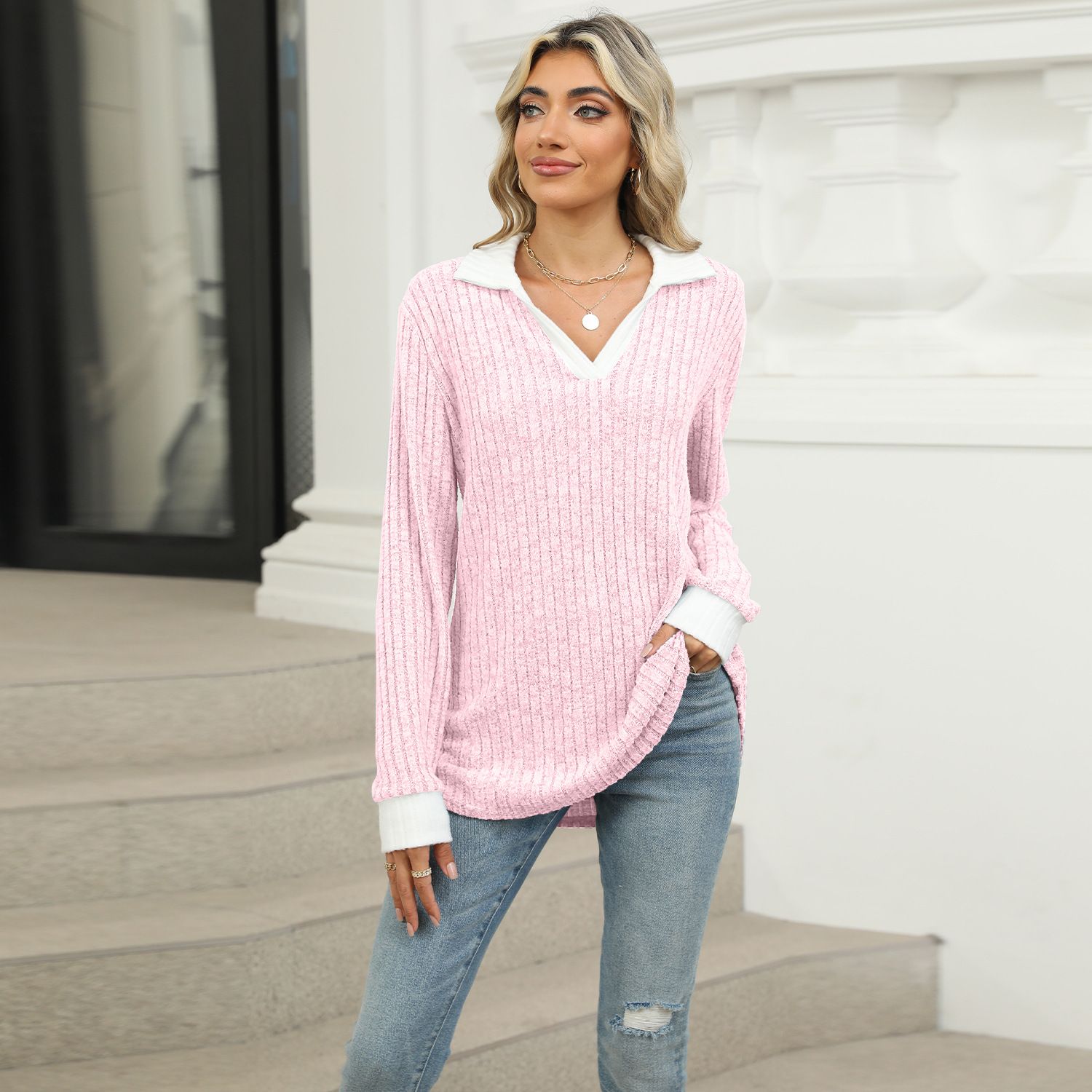 Autumn Winter Fashion Knitted Basic V Neck Long Sleeve Sweater Pullover Slim Fit Female Jumpers Top for Women