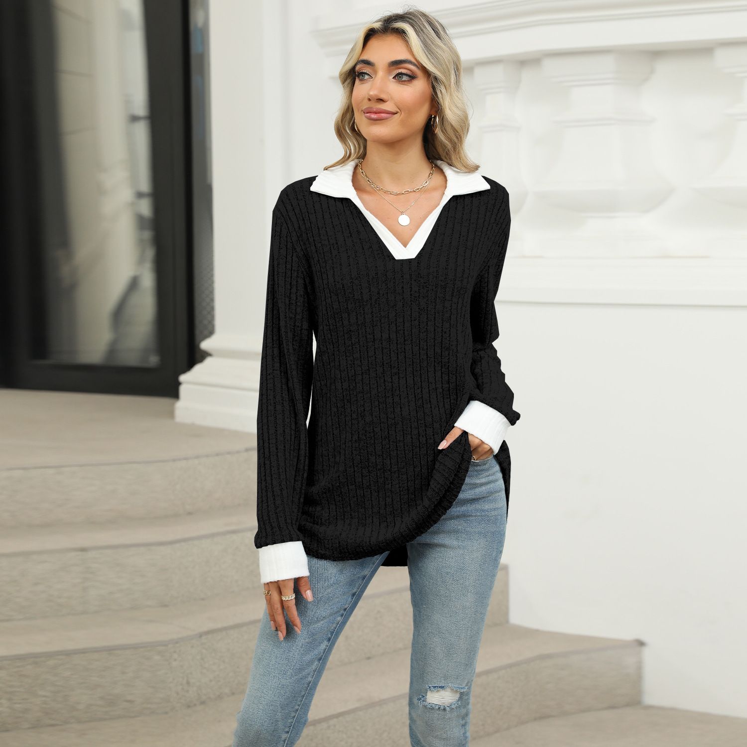 Autumn Winter Fashion Knitted Basic V Neck Long Sleeve Sweater Pullover Slim Fit Female Jumpers Top for Women