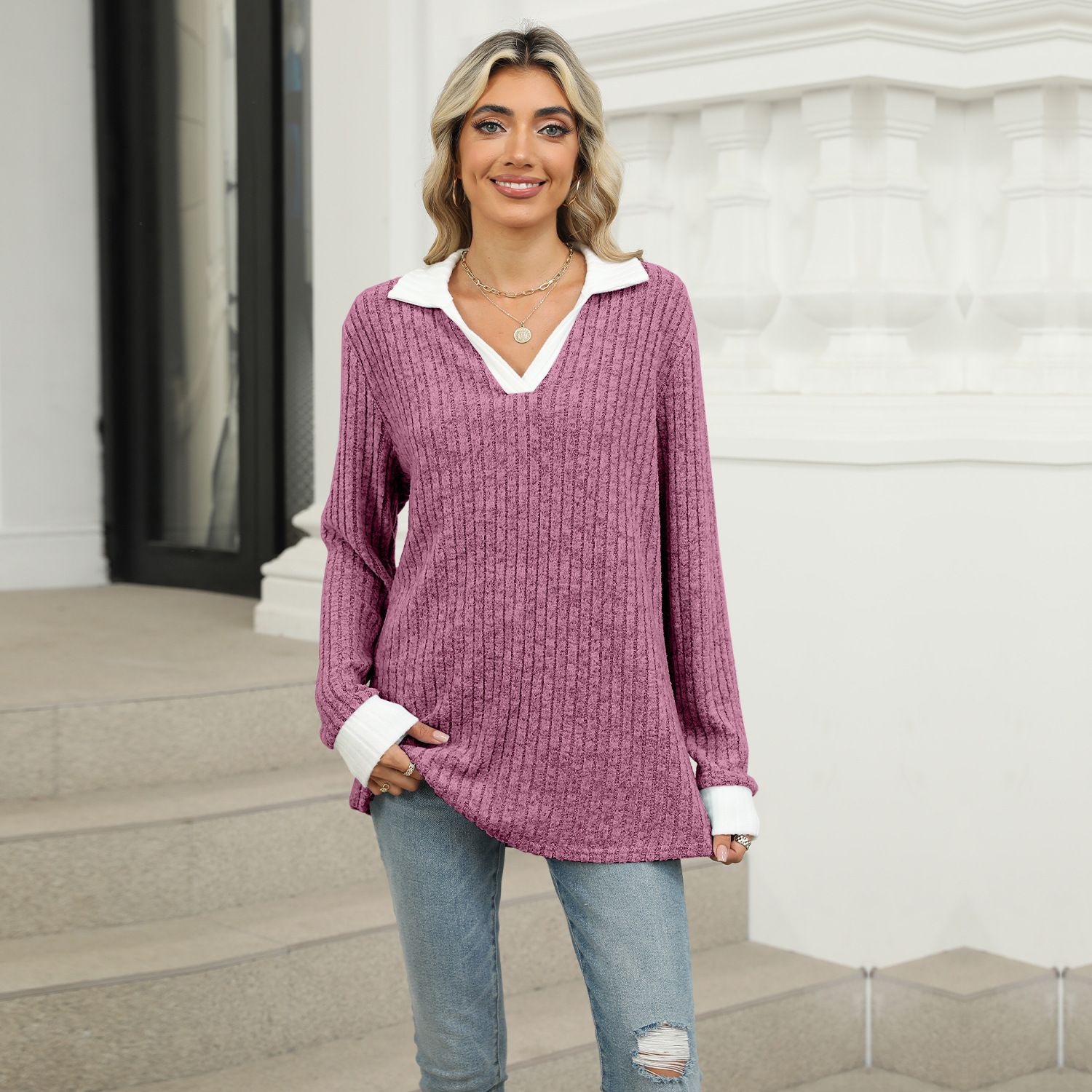 Autumn Winter Fashion Knitted Basic V Neck Long Sleeve Sweater Pullover Slim Fit Female Jumpers Top for Women