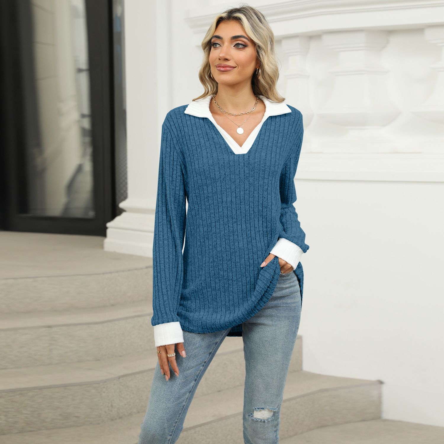 Autumn Winter Fashion Knitted Basic V Neck Long Sleeve Sweater Pullover Slim Fit Female Jumpers Top for Women