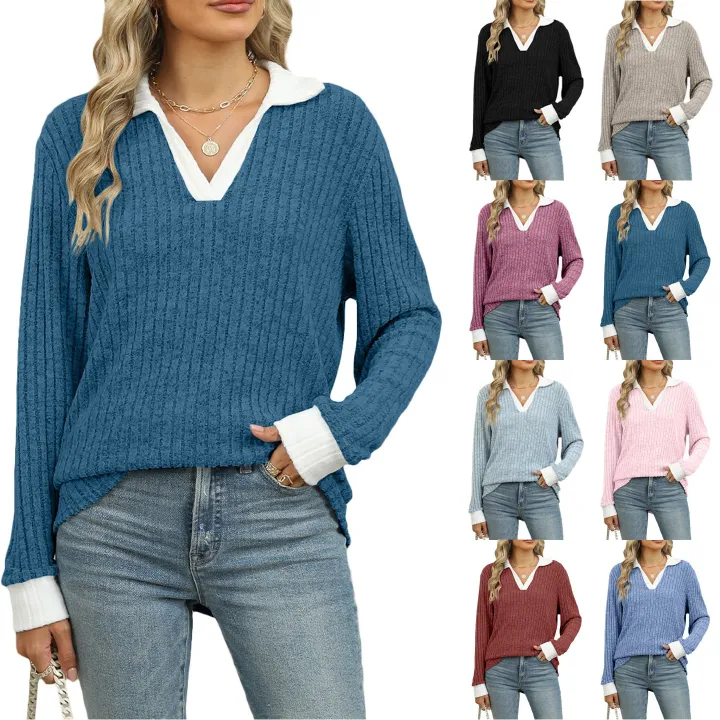 Autumn Winter Fashion Knitted Basic V Neck Long Sleeve Sweater Pullover Slim Fit Female Jumpers Top for Women