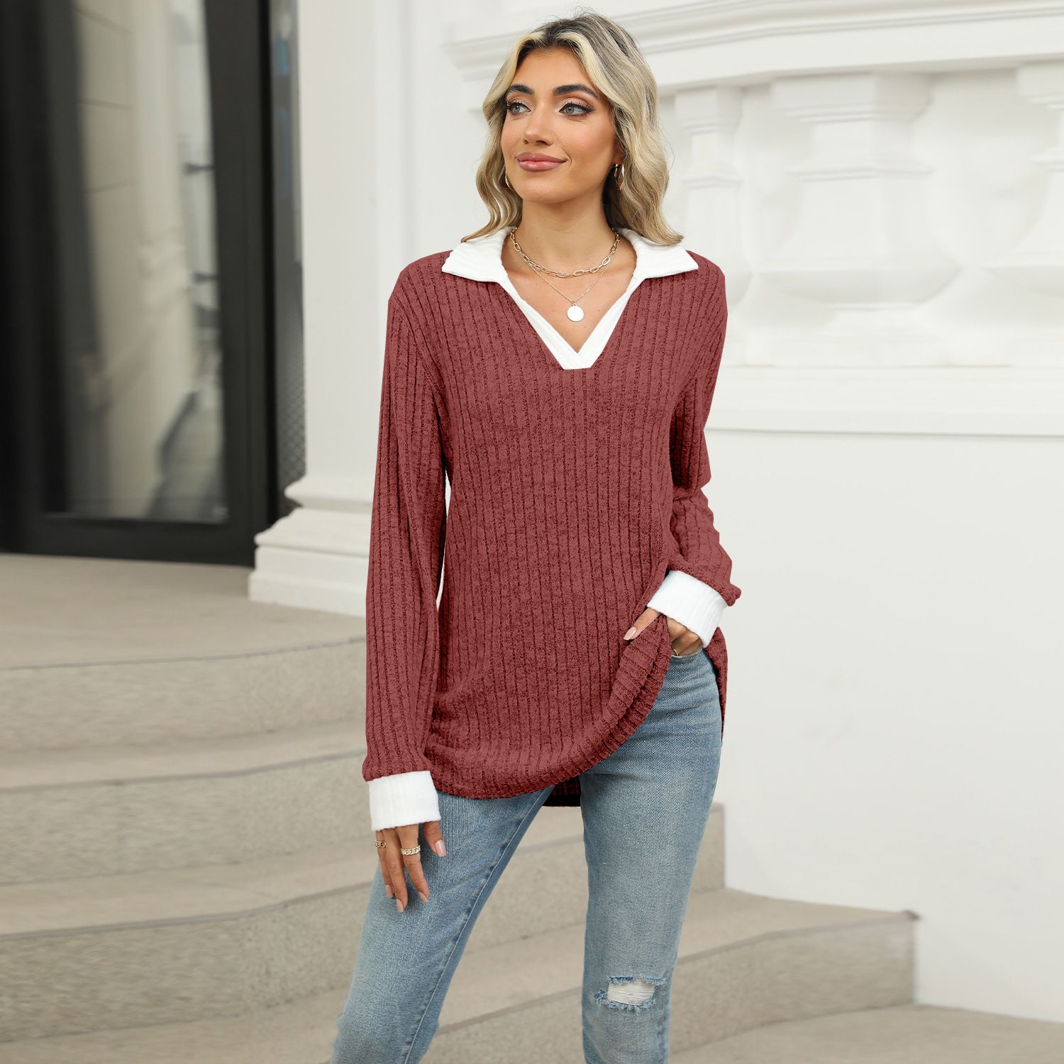Autumn Winter Fashion Knitted Basic V Neck Long Sleeve Sweater Pullover Slim Fit Female Jumpers Top for Women
