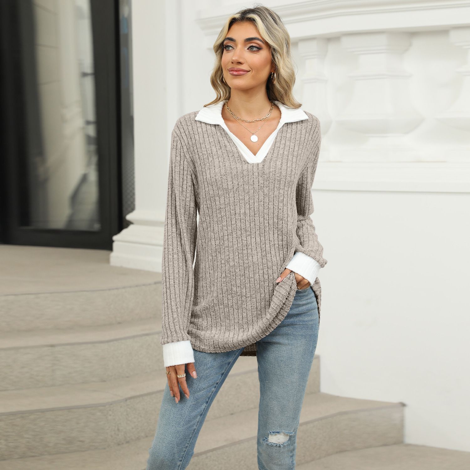 Autumn Winter Fashion Knitted Basic V Neck Long Sleeve Sweater Pullover Slim Fit Female Jumpers Top for Women