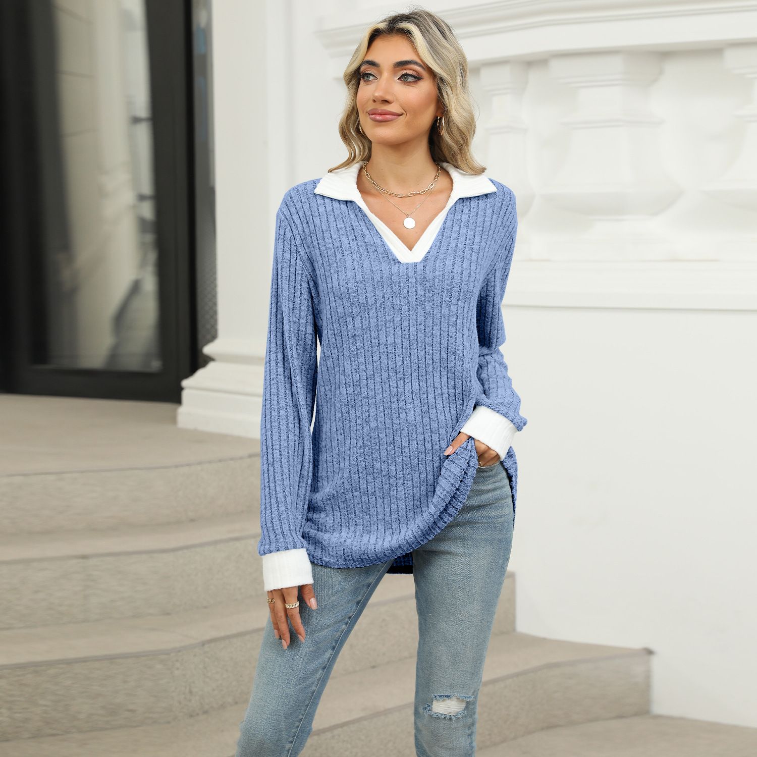 Autumn Winter Fashion Knitted Basic V Neck Long Sleeve Sweater Pullover Slim Fit Female Jumpers Top for Women