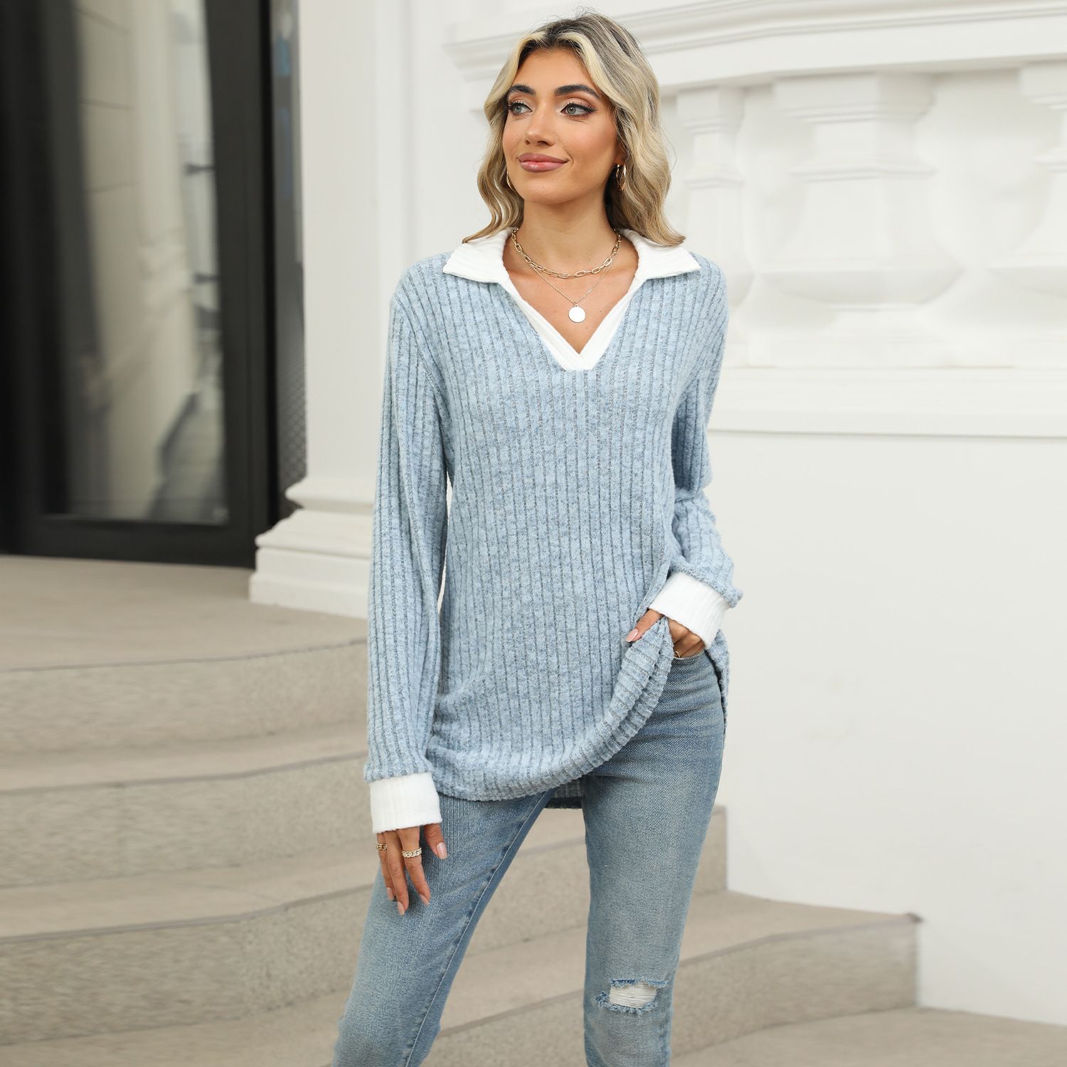 Autumn Winter Fashion Knitted Basic V Neck Long Sleeve Sweater Pullover Slim Fit Female Jumpers Top for Women