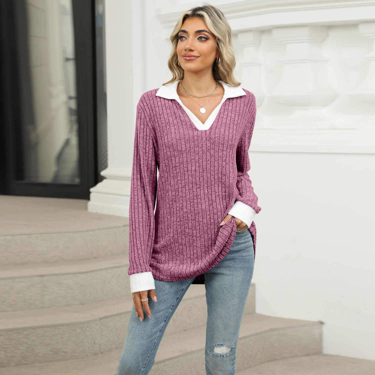 Autumn Winter Fashion Knitted Basic V Neck Long Sleeve Sweater Pullover Slim Fit Female Jumpers Top for Women