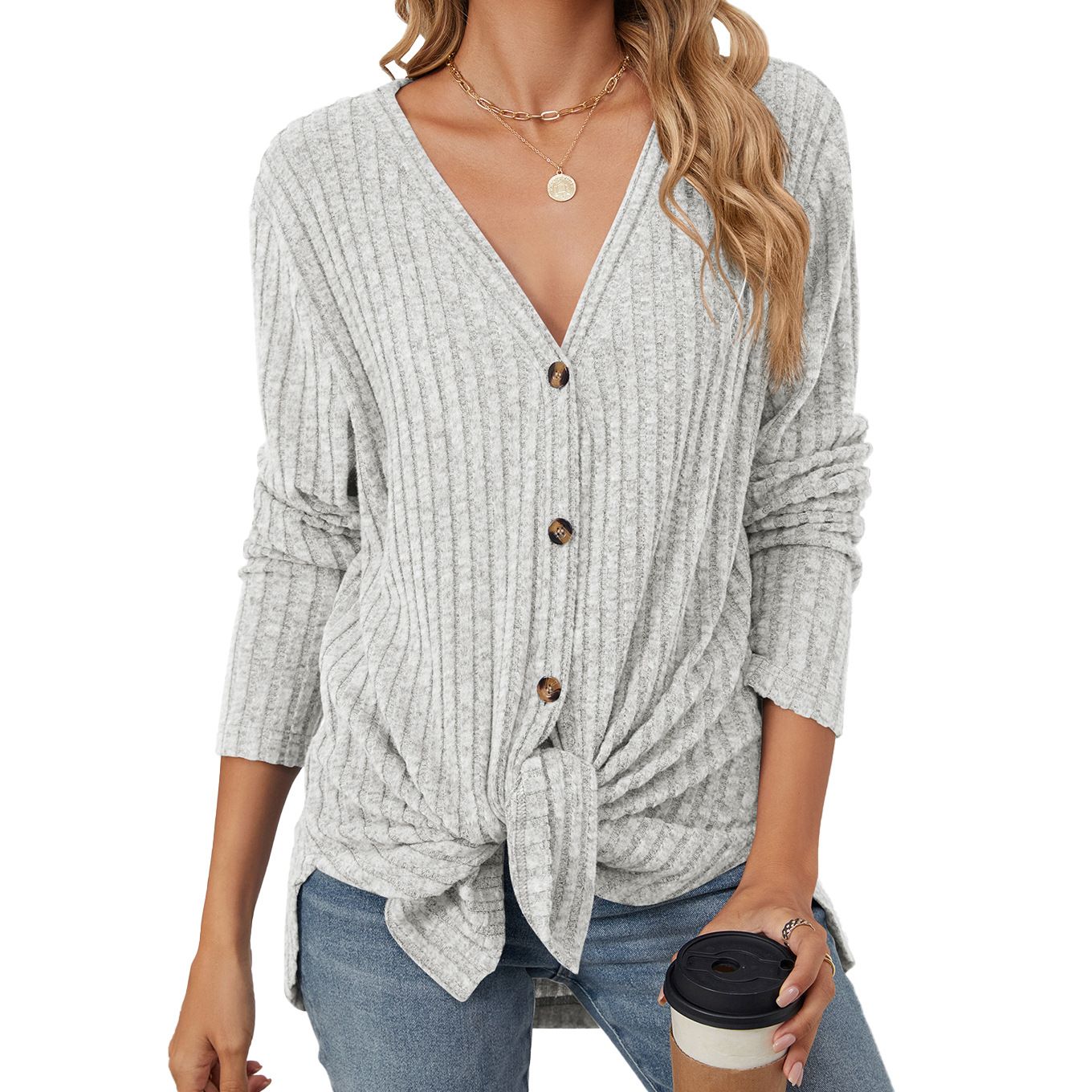 New Autumn And Winter Single Breasted V-Neck Cardigan Solid Color Pink Women's Long Sweaters For Winter