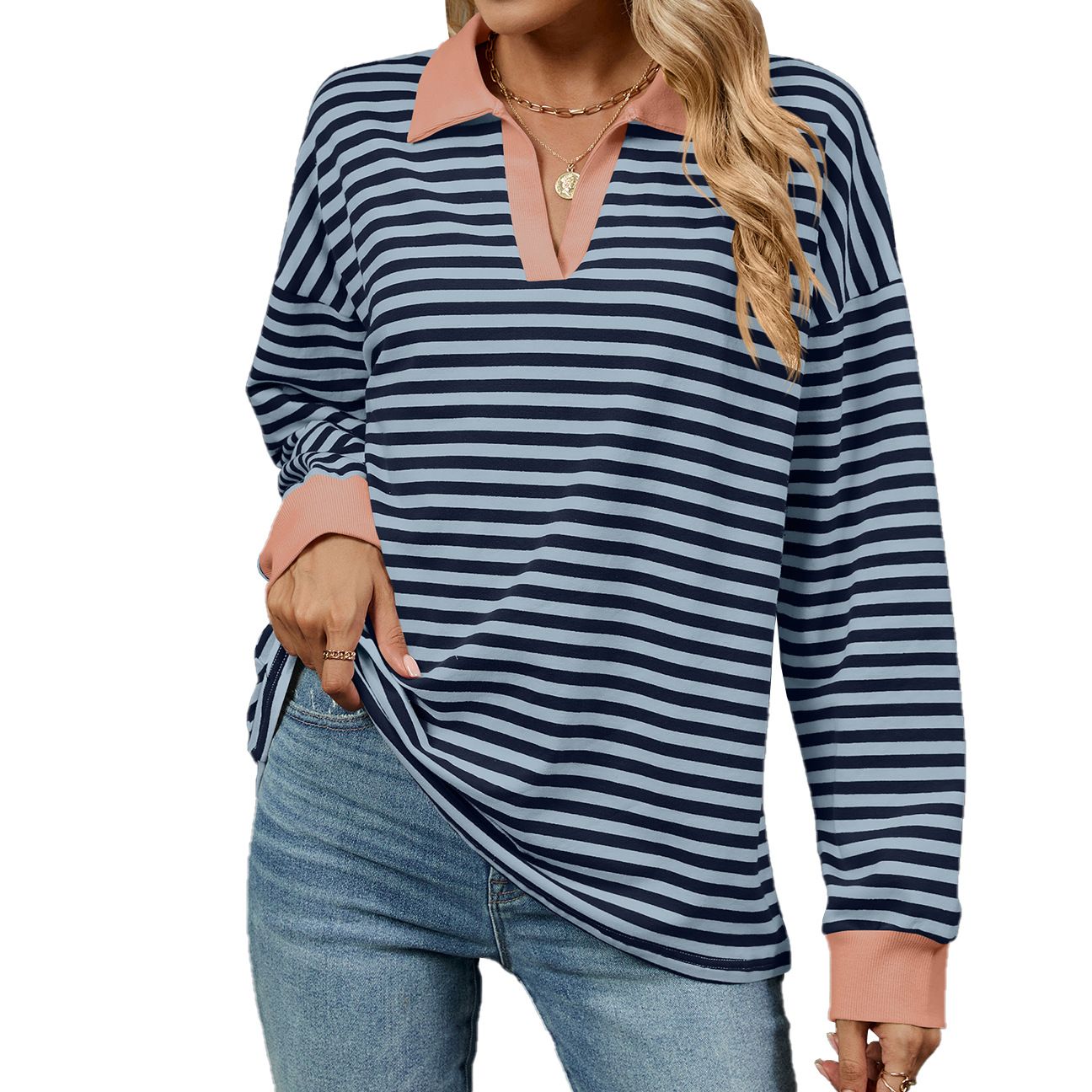 Women's Casual Autumn Winter Knitted V Neck Long Sleeve Pullover Slim Fit Basic Sweater Top Thin for Spring Season