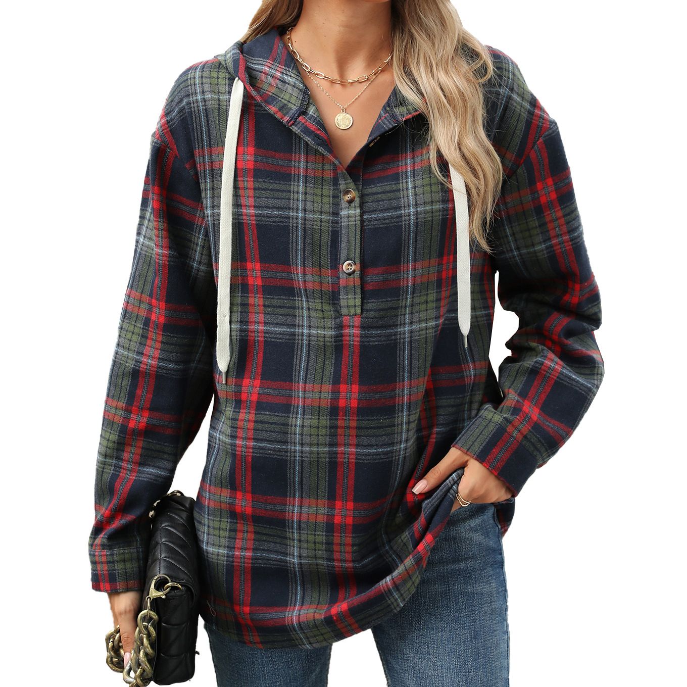Wholesale autumn and winter new loose long-sleeved hooded button plaid coat hoodie woman