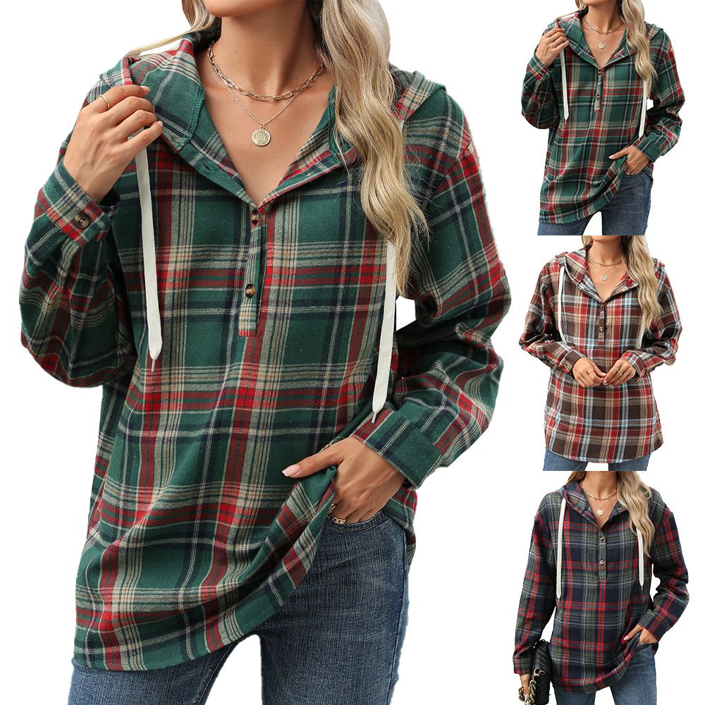 Wholesale autumn and winter new loose long-sleeved hooded button plaid coat hoodie woman