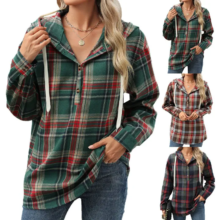 Wholesale autumn and winter new loose long-sleeved hooded button plaid coat hoodie woman