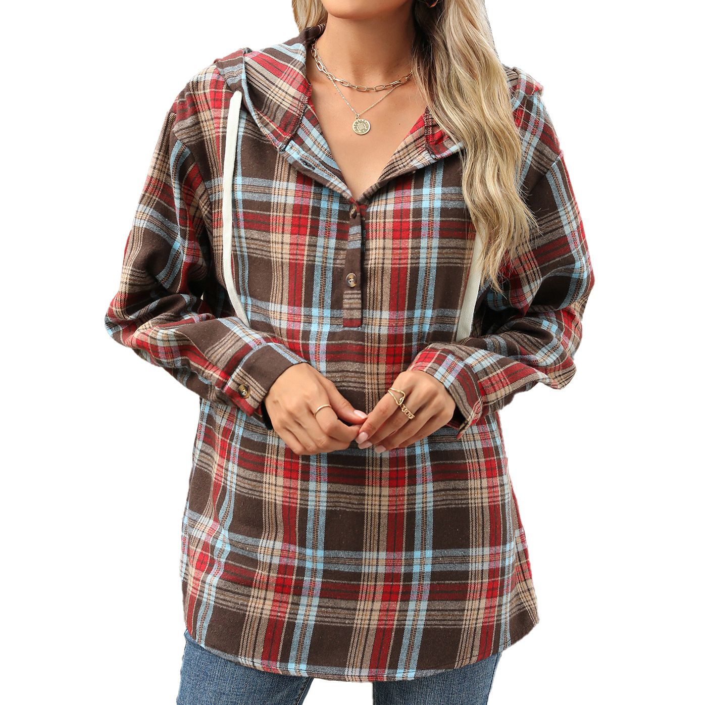 Wholesale autumn and winter new loose long-sleeved hooded button plaid coat hoodie woman
