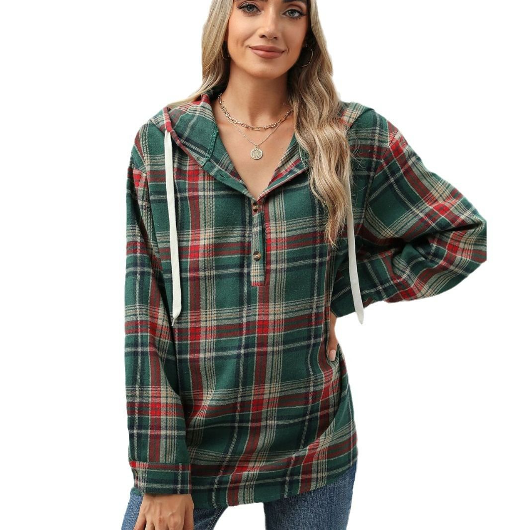 Wholesale autumn and winter new loose long-sleeved hooded button plaid coat hoodie woman