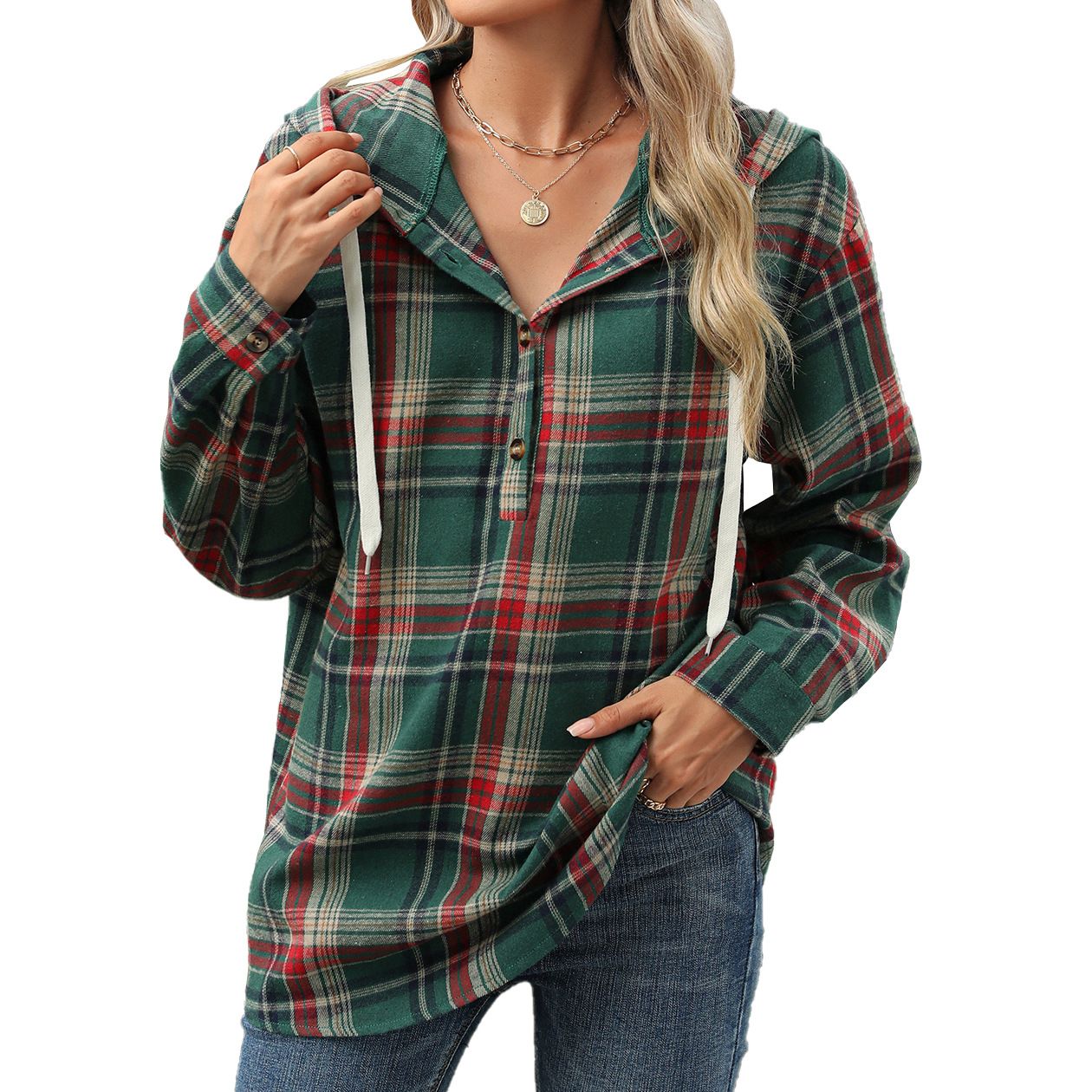 Wholesale autumn and winter new loose long-sleeved hooded button plaid coat hoodie woman