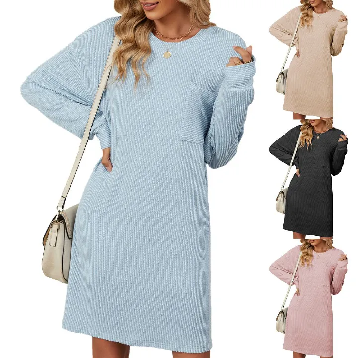 Women's autumn winter new casual solid color round neck striped pocket loose long sleeved dress