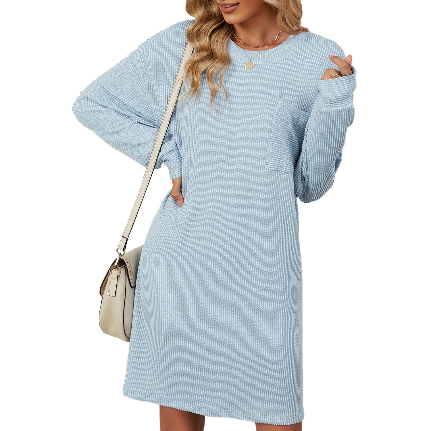 Women's autumn winter new casual solid color round neck striped pocket loose long sleeved dress