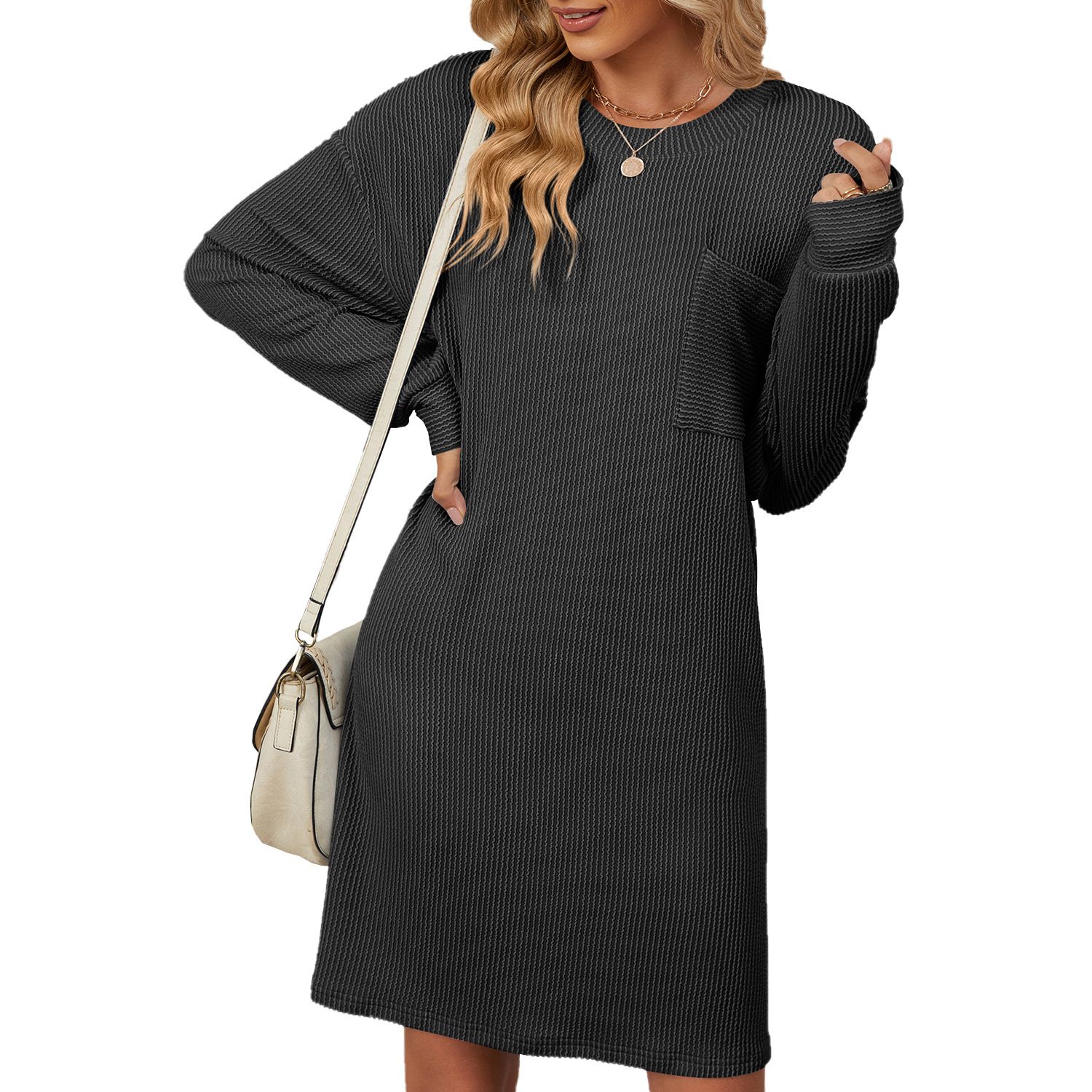Women's autumn winter new casual solid color round neck striped pocket loose long sleeved dress