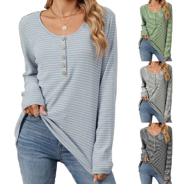Autumn Winter New Round Neck Button Loose Long Sleeve Striped T-Shirt Tops For Women