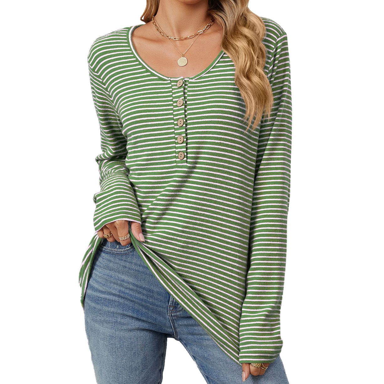 Autumn Winter New Round Neck Button Loose Long Sleeve Striped T-Shirt Tops For Women