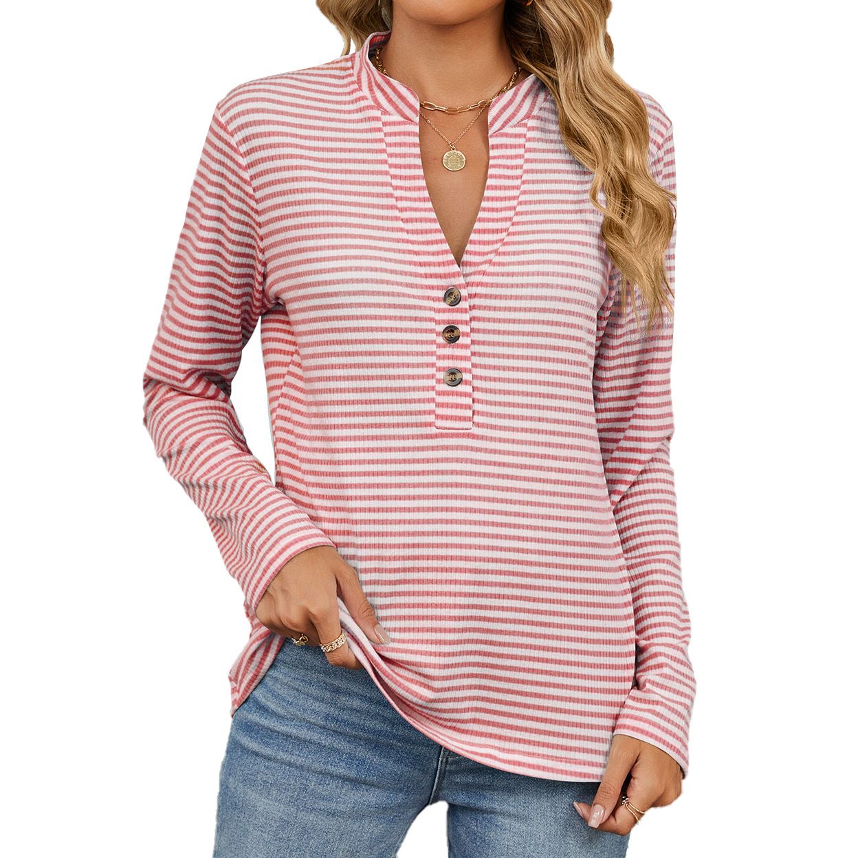 Autumn and winter new V-neck button stripe loose long sleeve T-shirt blouse woman