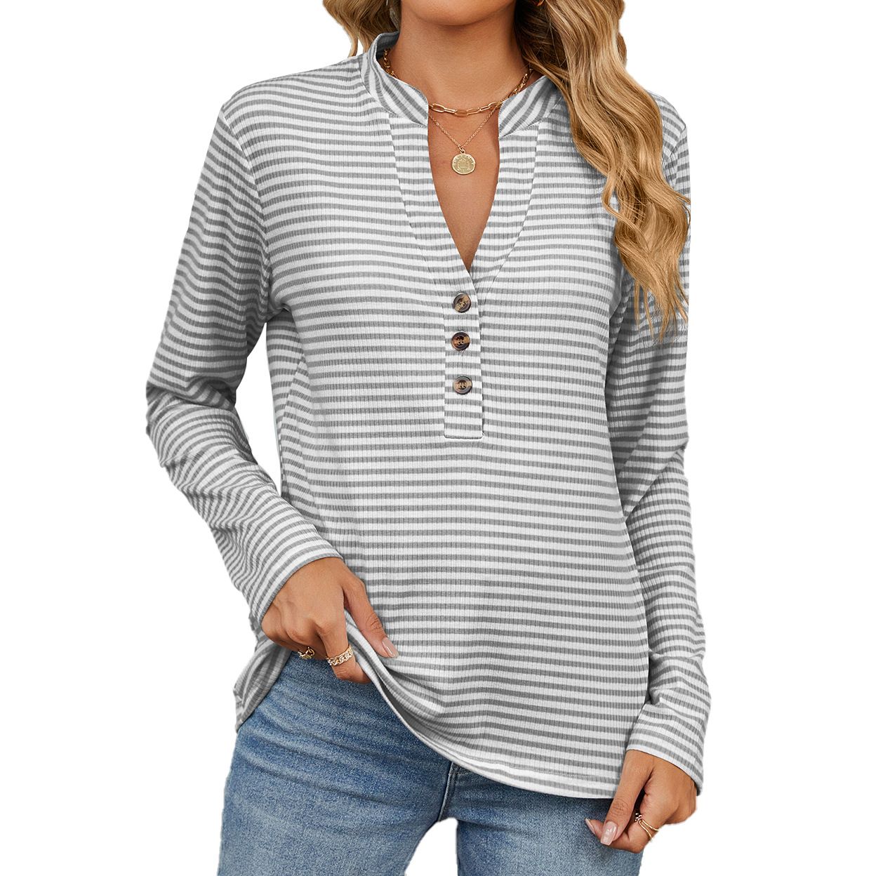 Autumn and winter new V-neck button stripe loose long sleeve T-shirt blouse woman