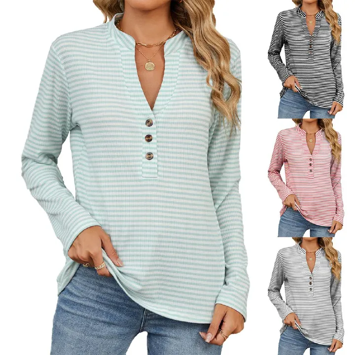 Autumn and winter new V-neck button stripe loose long sleeve T-shirt blouse woman