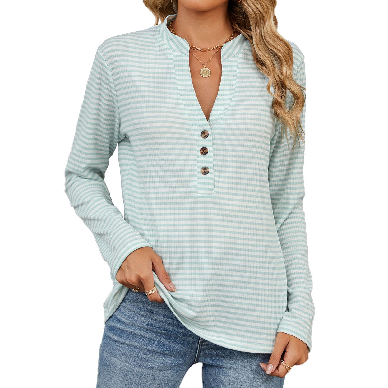 Autumn and winter new V-neck button stripe loose long sleeve T-shirt blouse woman