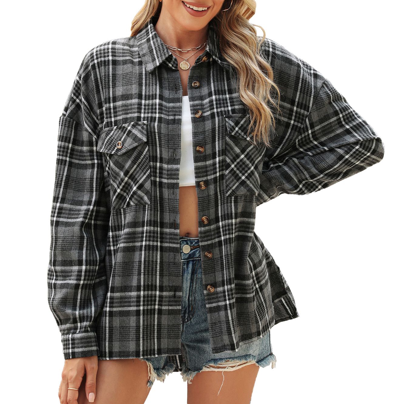 Spring ladies tops latest design streetwear plaid shirt loose long sleeve slim shirt autumn blouse for women