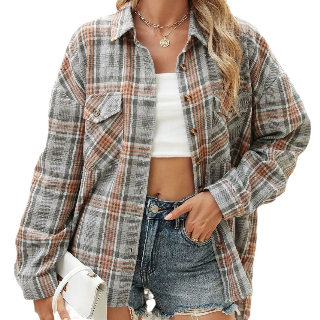Spring ladies tops latest design streetwear plaid shirt loose long sleeve slim shirt autumn blouse for women