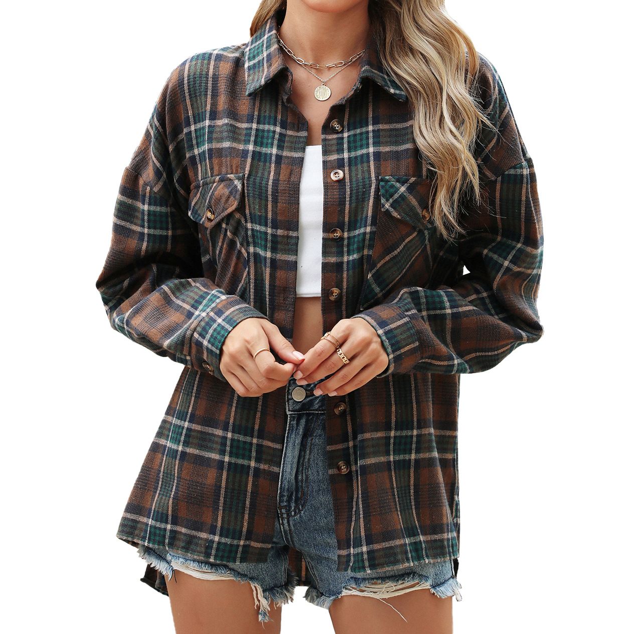 Spring ladies tops latest design streetwear plaid shirt loose long sleeve slim shirt autumn blouse for women