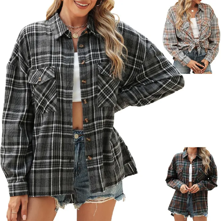 Spring ladies tops latest design streetwear plaid shirt loose long sleeve slim shirt autumn blouse for women