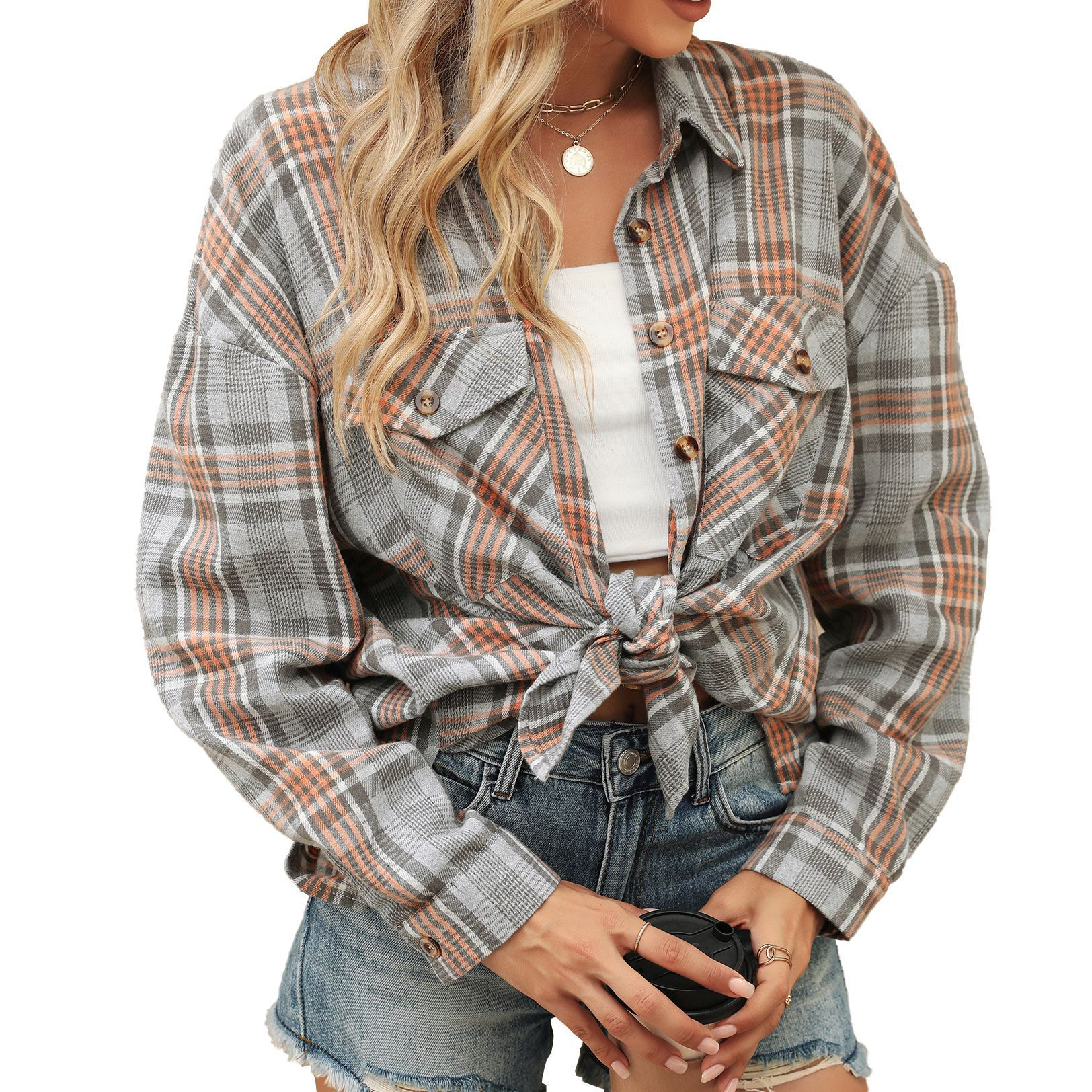 Spring ladies tops latest design streetwear plaid shirt loose long sleeve slim shirt autumn blouse for women