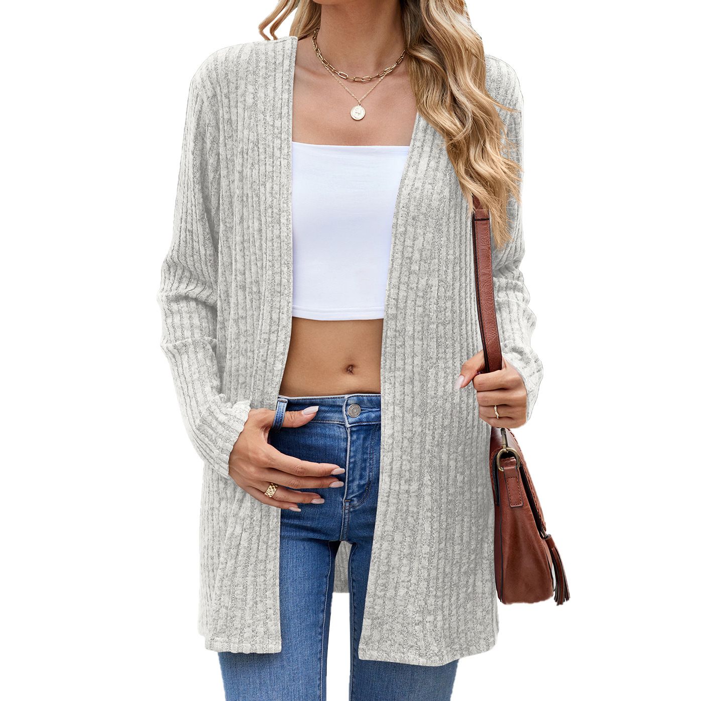 High Quality Autumn Long Sleeve Leisure Knitted Coat Collarless Loose Button Pit Strip Open-front Cardigan Sweater For Women