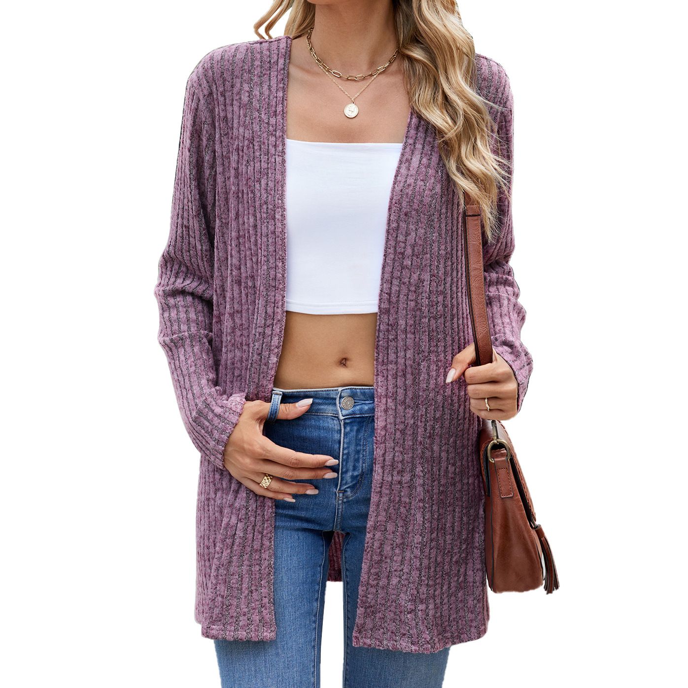 High Quality Autumn Long Sleeve Leisure Knitted Coat Collarless Loose Button Pit Strip Open-front Cardigan Sweater For Women