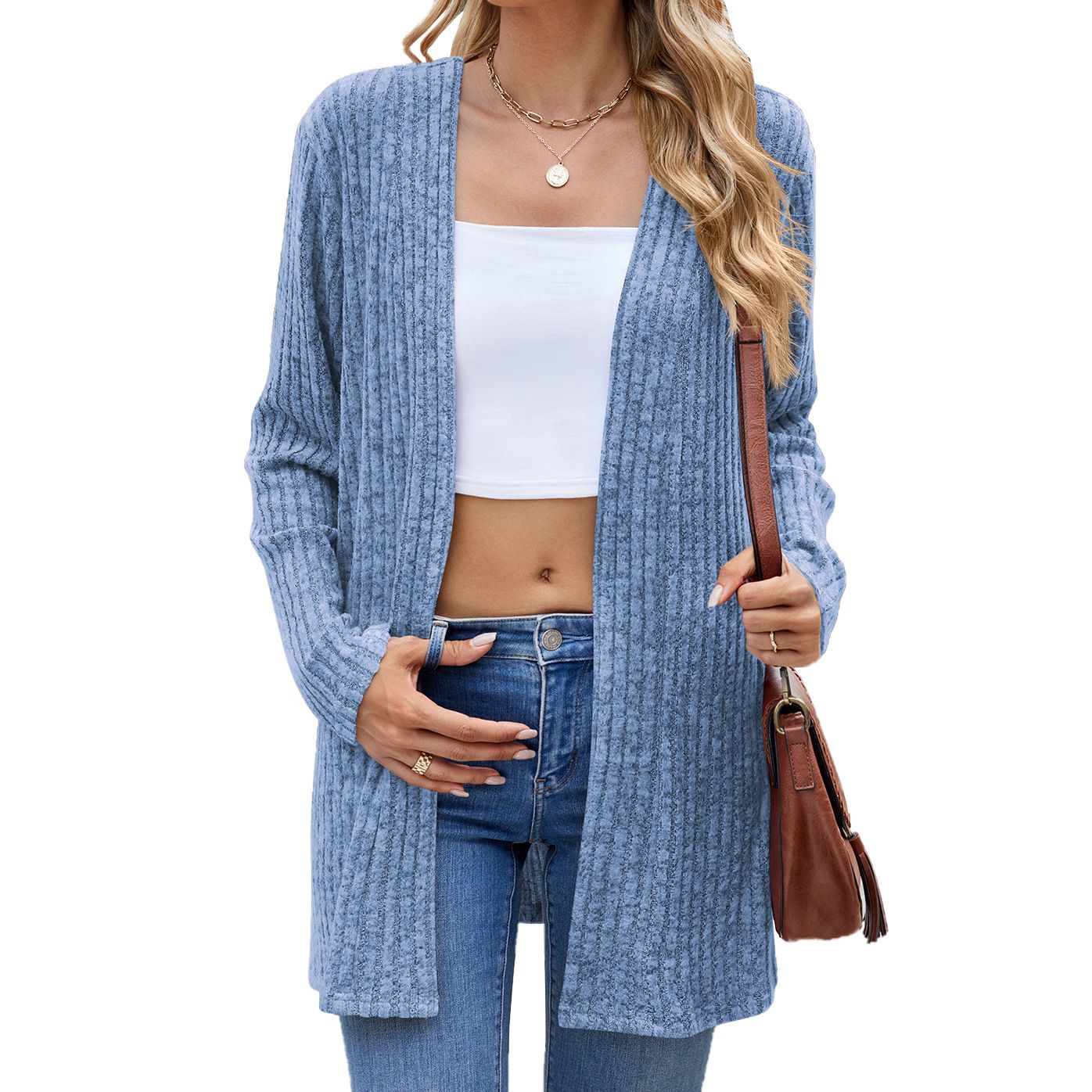 High Quality Autumn Long Sleeve Leisure Knitted Coat Collarless Loose Button Pit Strip Open-front Cardigan Sweater For Women