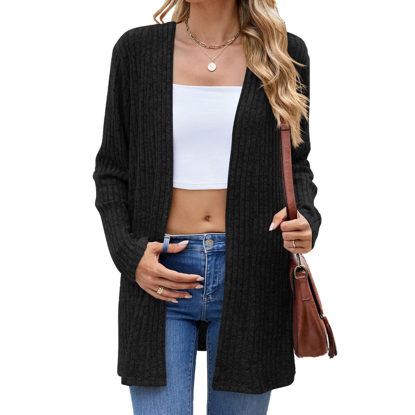 High Quality Autumn Long Sleeve Leisure Knitted Coat Collarless Loose Button Pit Strip Open-front Cardigan Sweater For Women