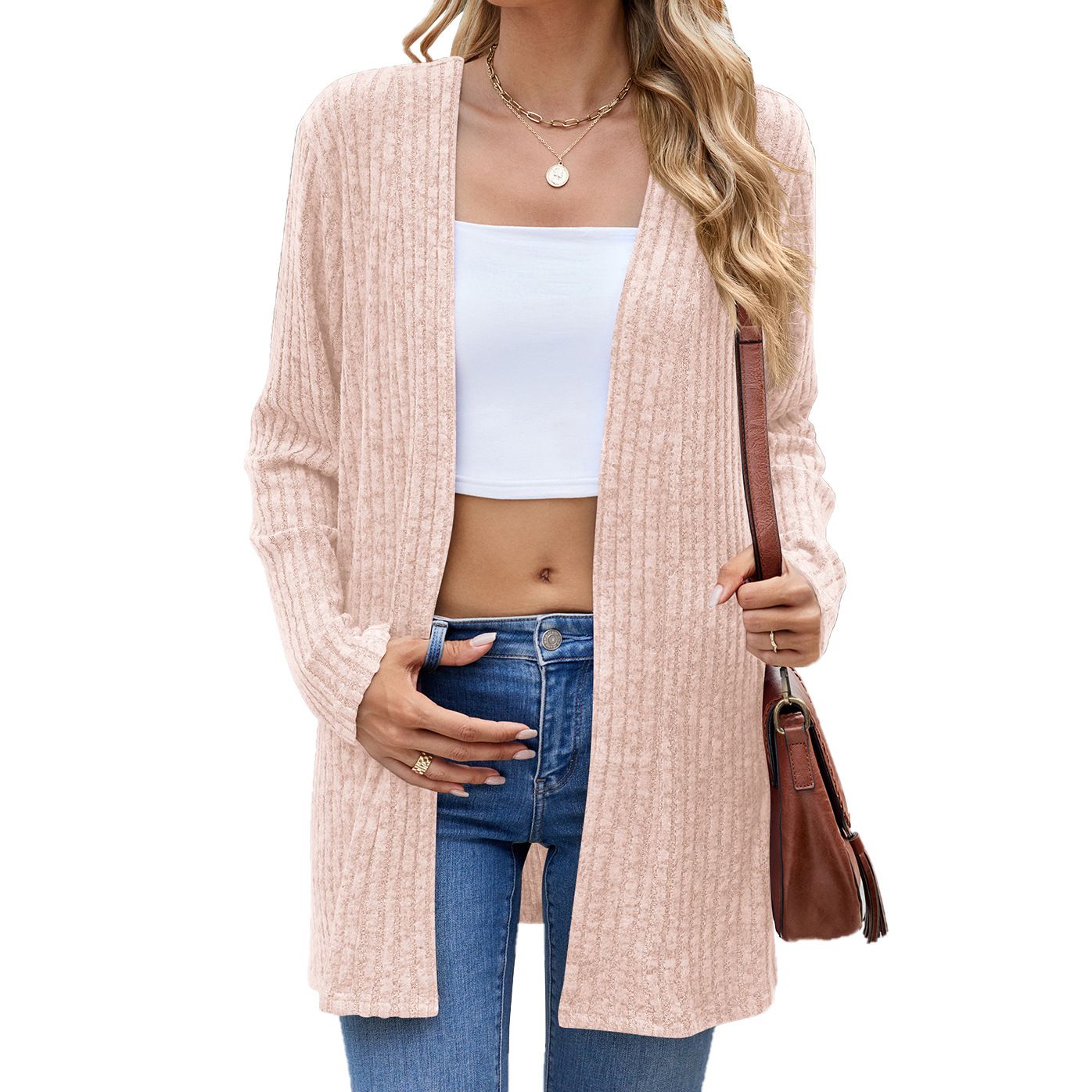 High Quality Autumn Long Sleeve Leisure Knitted Coat Collarless Loose Button Pit Strip Open-front Cardigan Sweater For Women