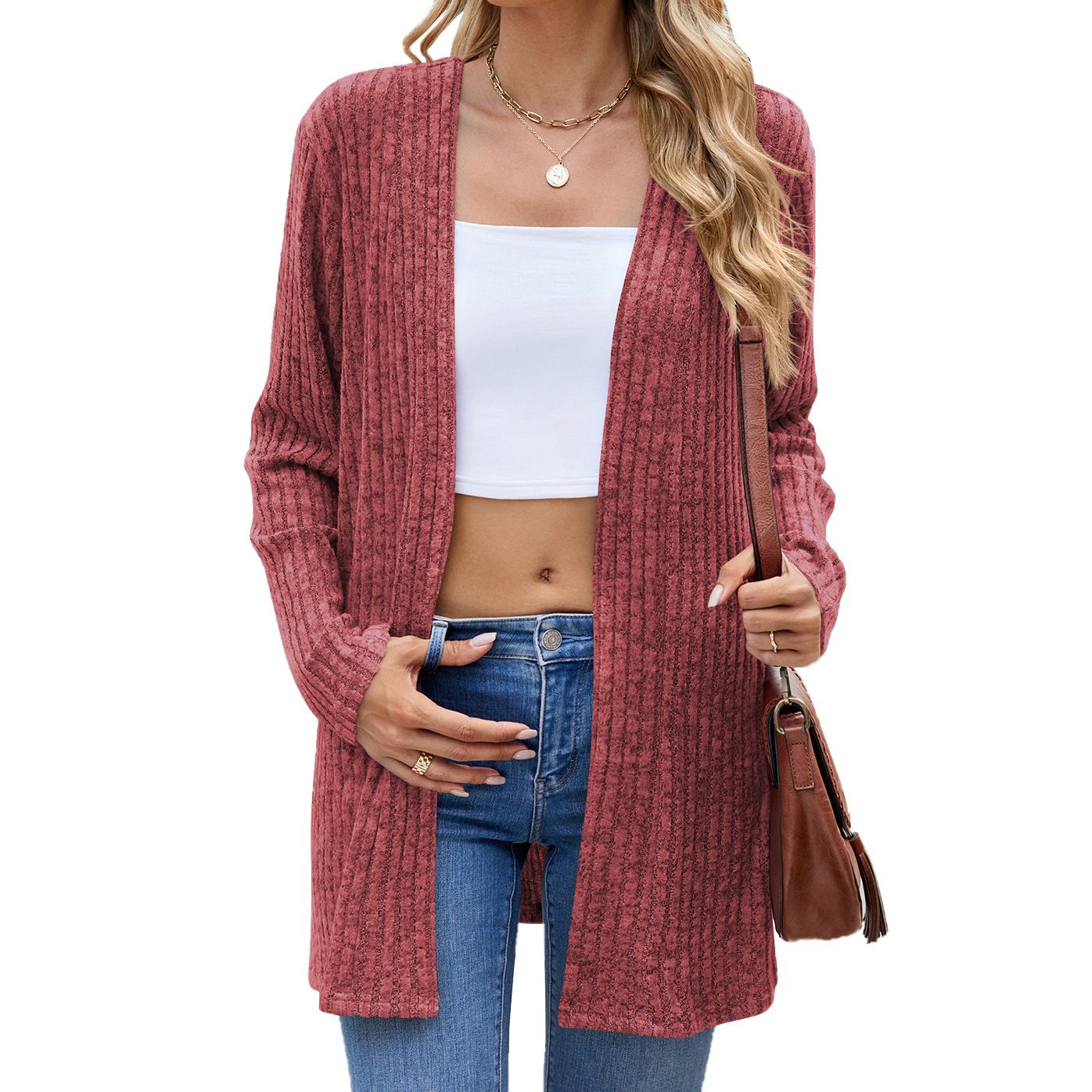 High Quality Autumn Long Sleeve Leisure Knitted Coat Collarless Loose Button Pit Strip Open-front Cardigan Sweater For Women