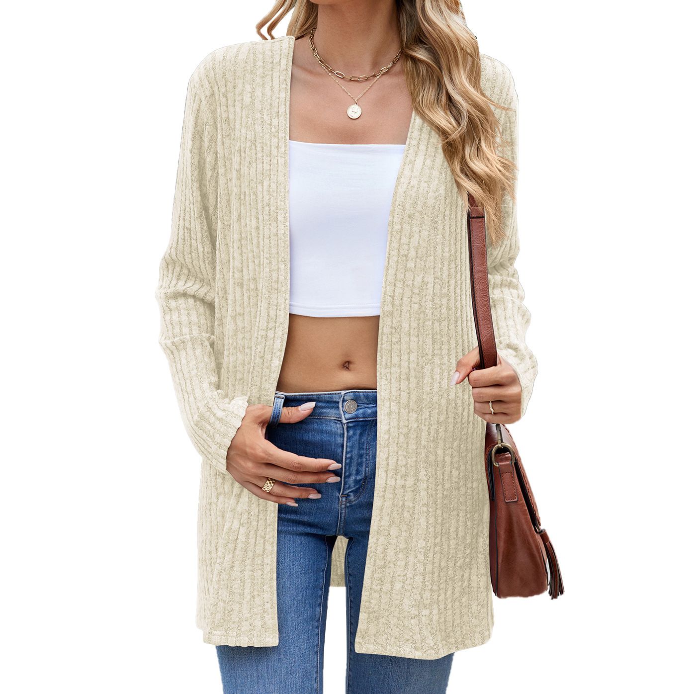 High Quality Autumn Long Sleeve Leisure Knitted Coat Collarless Loose Button Pit Strip Open-front Cardigan Sweater For Women