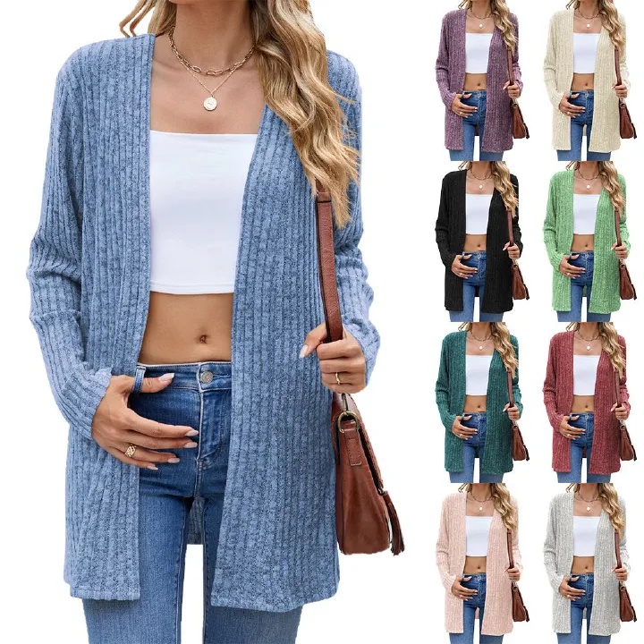 High Quality Autumn Long Sleeve Leisure Knitted Coat Collarless Loose Button Pit Strip Open-front Cardigan Sweater For Women