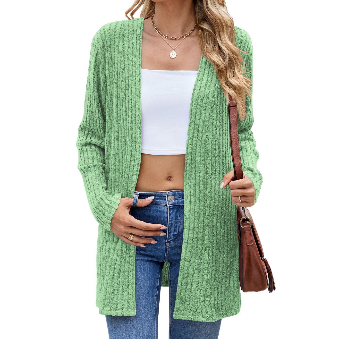 High Quality Autumn Long Sleeve Leisure Knitted Coat Collarless Loose Button Pit Strip Open-front Cardigan Sweater For Women