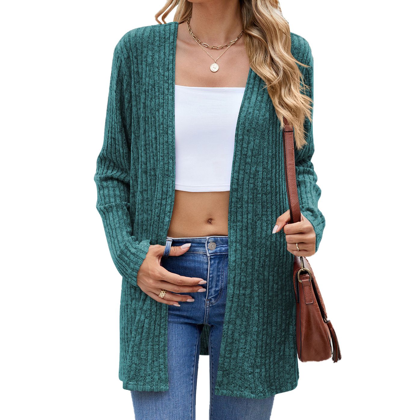 High Quality Autumn Long Sleeve Leisure Knitted Coat Collarless Loose Button Pit Strip Open-front Cardigan Sweater For Women