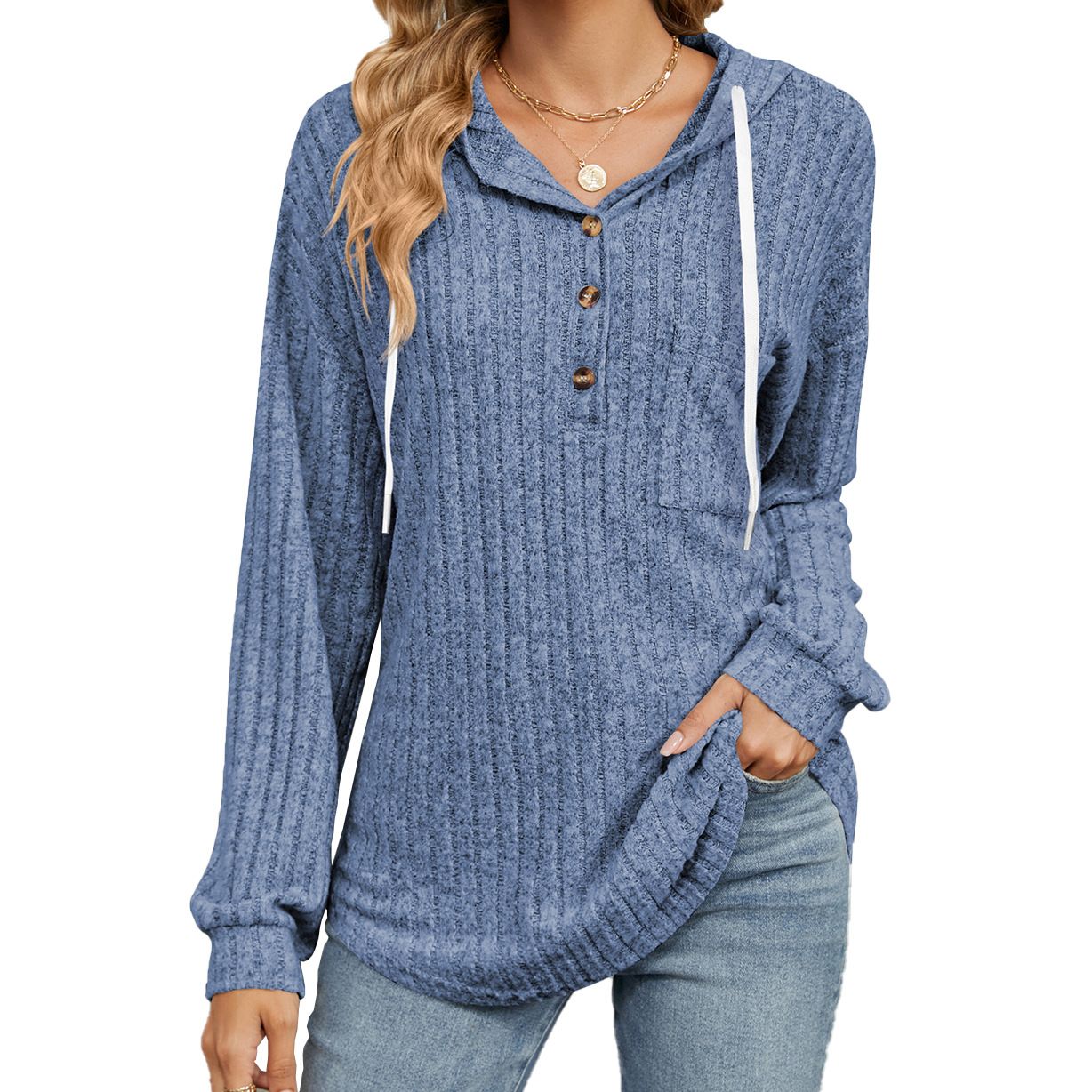 Aladal Europe and the United States cross-border foreign trade autumn winter new solid color button hooded pocke